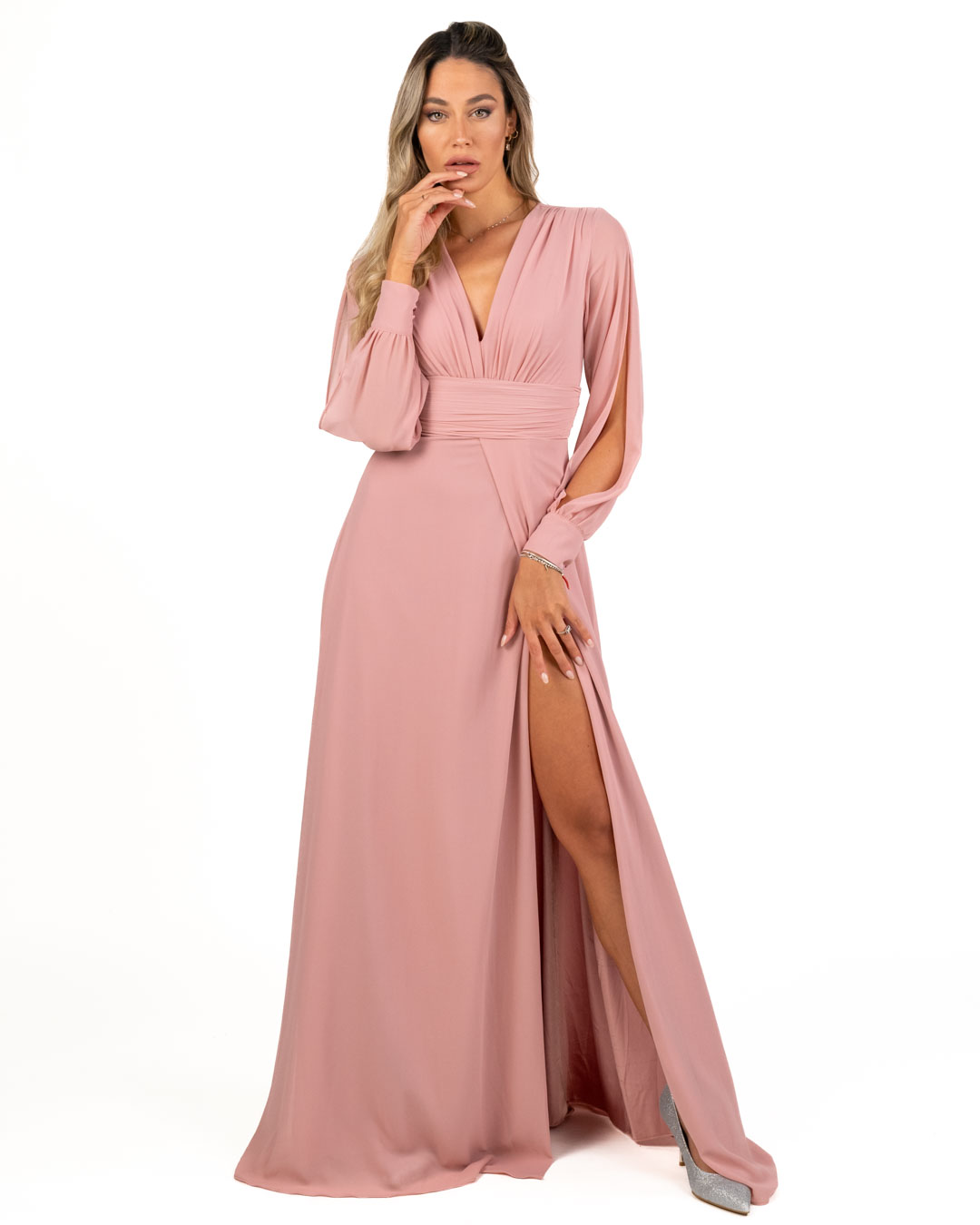 Berti Mode Collection - Abito lungo rosa con manica lunga aperta e scollo a V