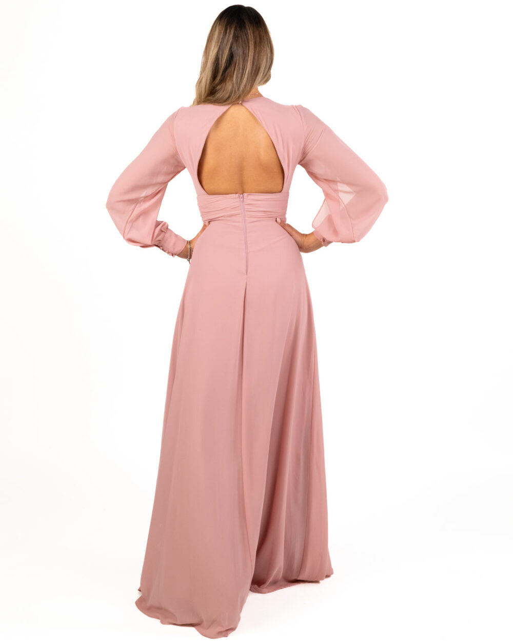 Berti Mode Collection - Abito lungo rosa con manica lunga aperta e scollo a V - immagine 2