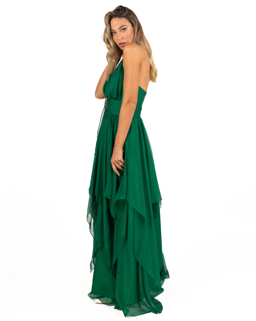 Berti Mode Collection - Abito verde con gonna a balze allacciato al collo