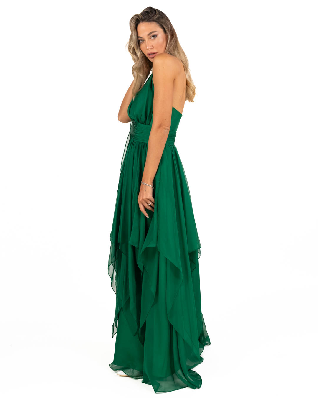 Berti Mode Collection - Abito verde con gonna a balze allacciato al collo