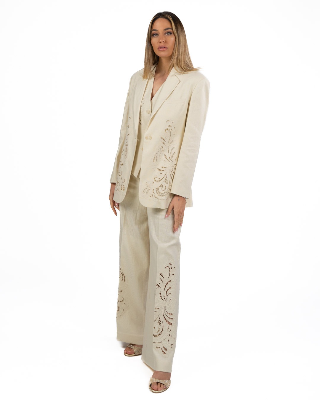 TWINSET - Pantalone misto lino con ricamo