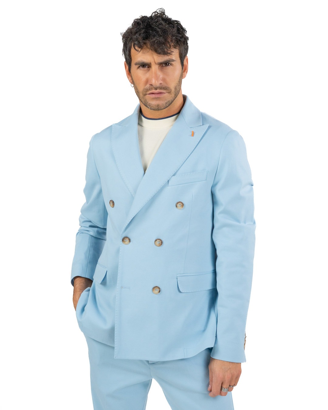 OVER/D - Giacca Doppiopetto in Jersey Azzurro
