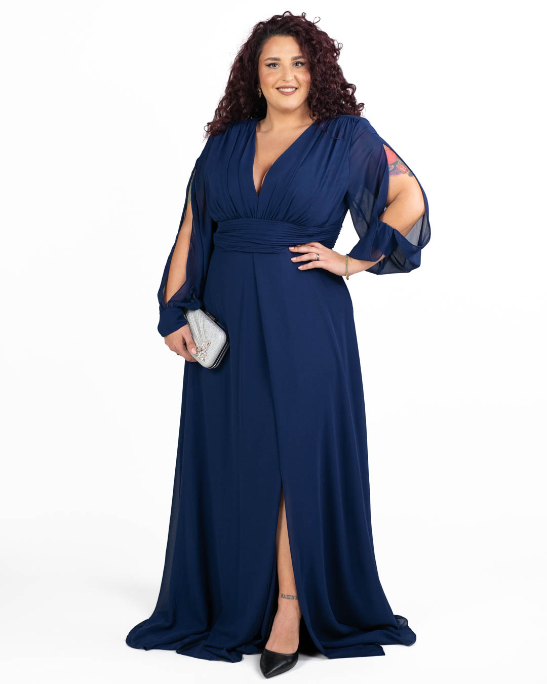 Berti Mode Collection - Abito da cerimonia curvy con scollo a goccia e maniche aperte blu royal