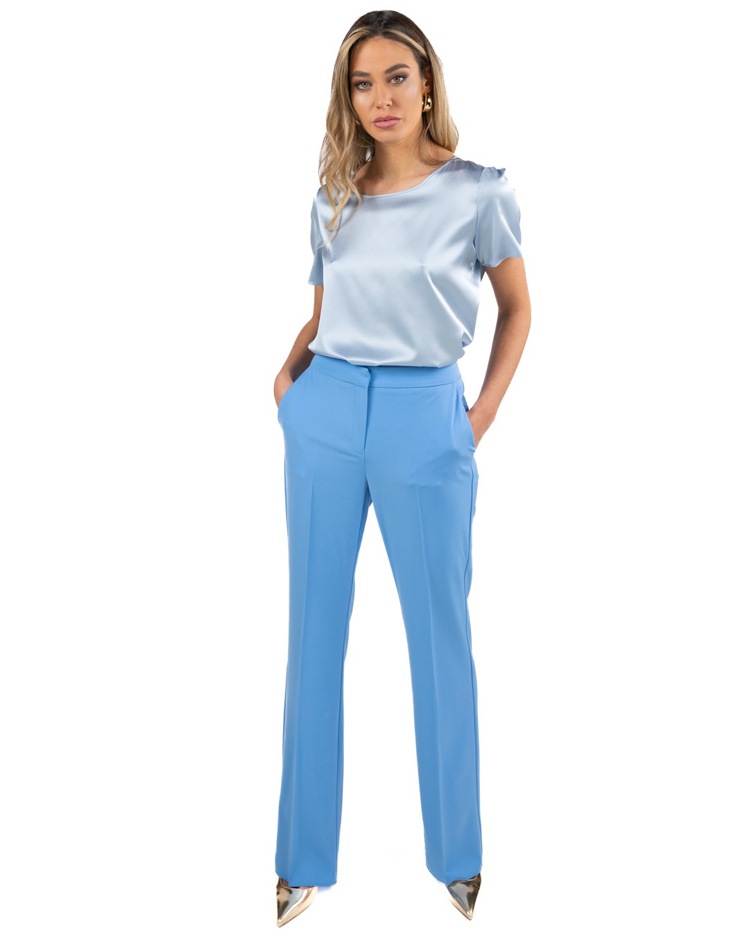 EMME MARELLA - Pantalone palazzo in tessuto tecnico azzurro