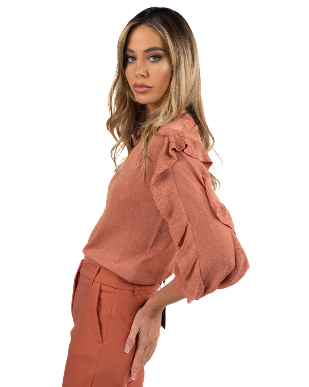 EMME MARELLA - Maglia lurex manica lunga con volant tinta mattone - immagine 2