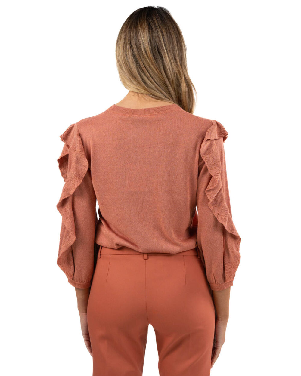 EMME MARELLA - Maglia lurex manica lunga con volant tinta mattone - immagine 4
