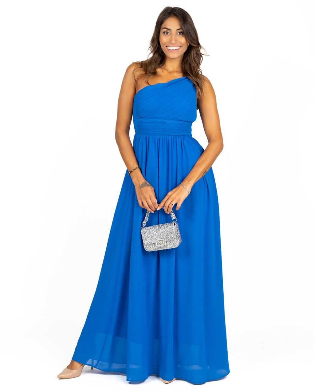 Berti Mode Collection - Abito monospalla chiffon azzurro