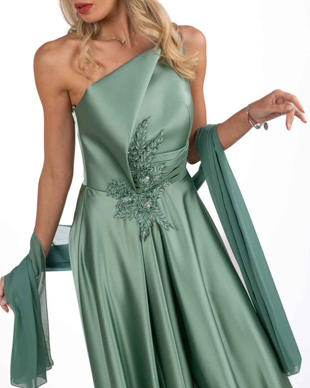 Berti Mode Collection - Abito in raso con applicazione verde salvia - immagine 2