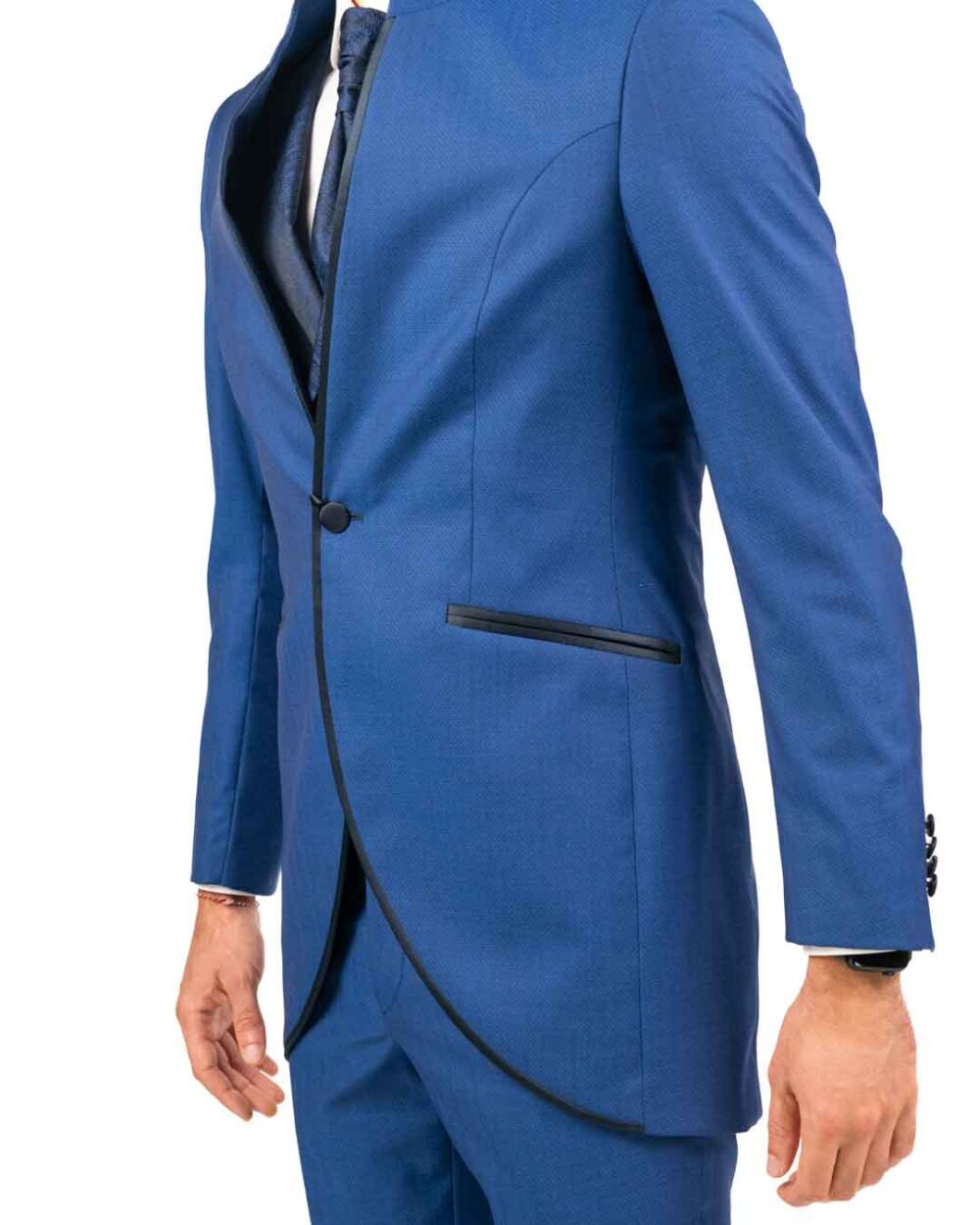Lebole - Abito blu con collo alla coreana e giacca lunga con dettagli in fantasia bluette - immagine 4