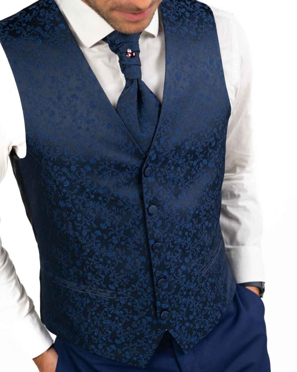 Lebole - Abito blu con dettagli damascati e revers in raso a contrasto - immagine 4