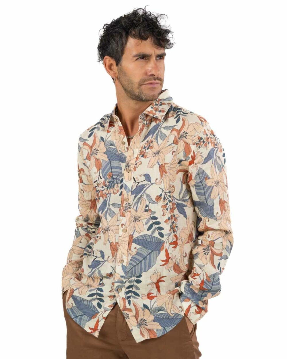 BERNA - Camicia Lino Stampa Floreale Panna - immagine 2