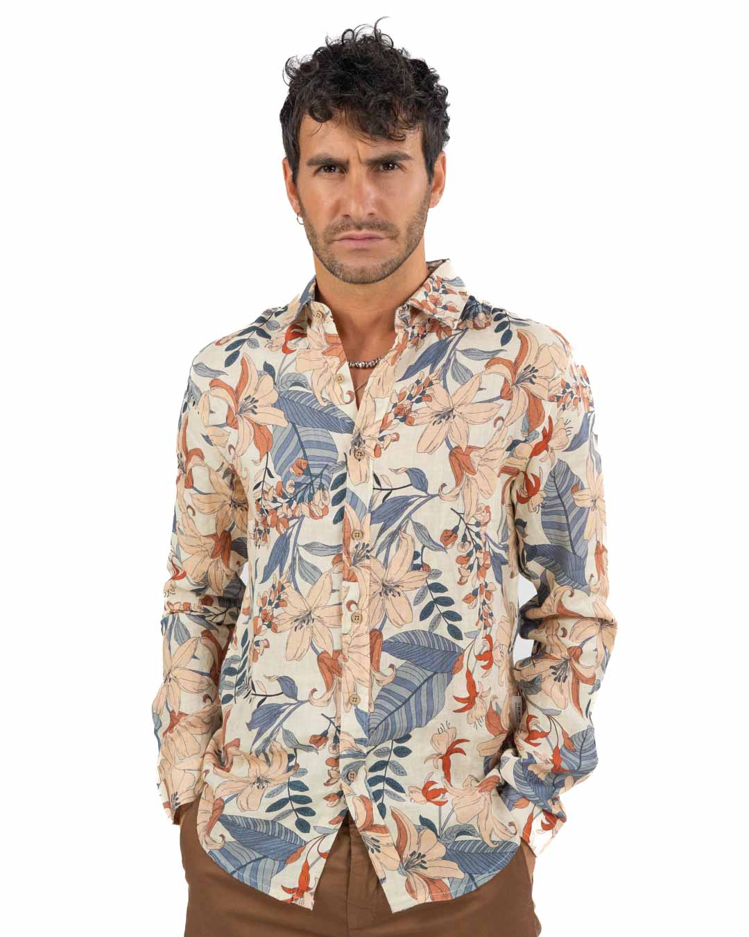 BERNA - Camicia Lino Stampa Floreale Panna