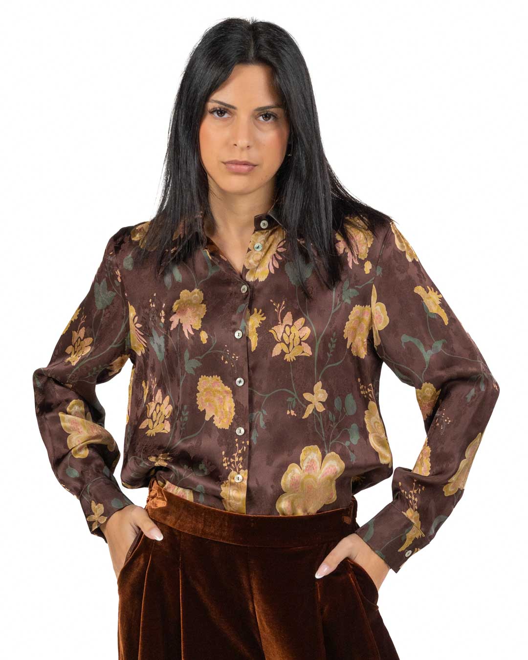 Wu Side - Camicia marrone floreale
