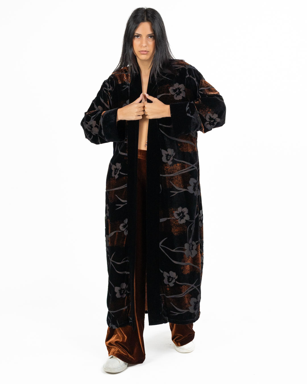 Wu Side - Kimono lungo color ruggine fioccato